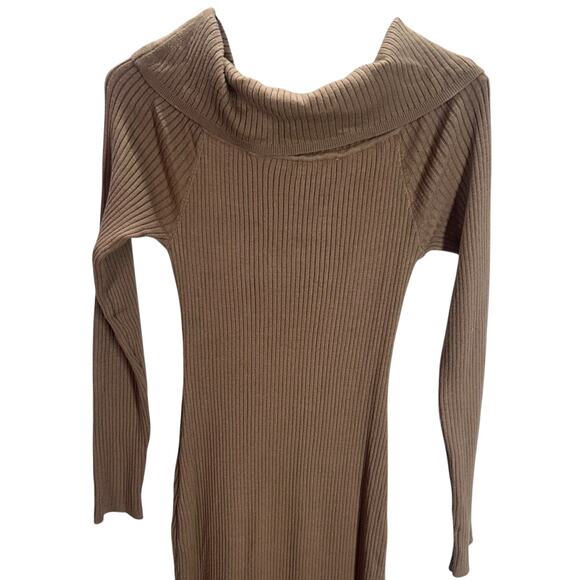 Off Shoulder Camel Sweater Dress M Ribbed Knit Long Sleeve Fall Midi - Picture 3 of 7